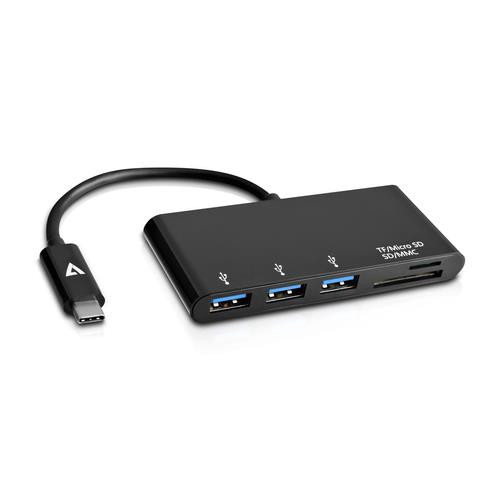 V7 Adaptateur USB-C mâle vers 3 x USB 3.0 femelle, noir, Micro SD, SD/MMC - J153338