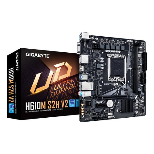 GIGABYTE  Carte mère - Prend en charge les processeurs Intel Core 14e génération, VRM numérique hybride 4+1+1 phases, jusqu'à 5600MHz DDR5, 1xPCIe 3.0 M.2, LAN GbE, USB 3.2 Gen 1 - H610M S2H V2