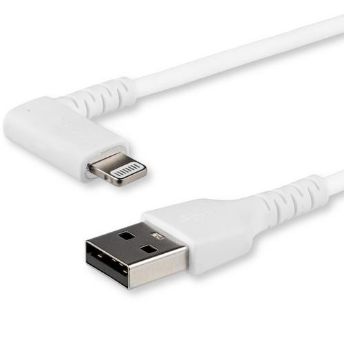 StarTech.com Câble USB-A vers Lightning Blanc Robuste 1m Coudé à 90° - Câble de Charge/Synchronisation USB Type A vers Lightning en Fibre Aramide Robuste et Résistante - Certifié Apple MFi - iPhone - RUSBLTMM1MWR