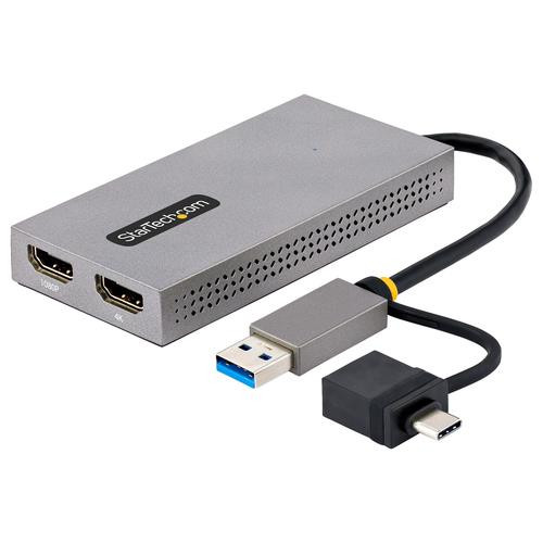 StarTech.com Adaptateur USB vers Double HDMI - USB A/C vers 2 Écrans HDMI (1x 4K30Hz, 1x 1080p) - Dongle Intégré USB-A vers C, Câble de 11cm - Adaptateur USB 3.0 vers HDMI - Convertisseur USB HDMI, Windows/MacOS - 107B-USB-HDMI