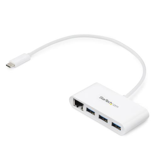 StarTech.com Hub USB-C à 3 ports avec Gigabit Ethernet - USB 3.0 (5Gbps) - USB-C vers 3x USB-A - Blanc - HB30C3A1GEA