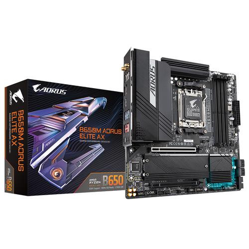 GIGABYTE  Carte mère - AMD Ryzen série 9000, VRM 12+2+1 phases, jusqu'à 8000 MHz DDR5 (OC), 1xPCIe 5.0 + 1xPCIe 4.0 M.2, LAN 2,5 GbE, WIFI 6E, USB 3.2 Gen 2 - B650M AORUS ELITE AX