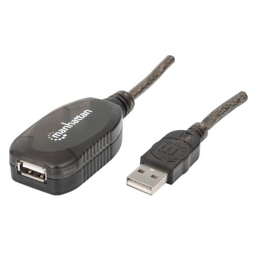 Manhattan Rallonge USB-A active, 20 m, mâle vers femelle, 480 Mbit/s (USB 2.0), chaînable, répéteur intégré, noir, garantie 3 ans, équivalent à USB2AAEXT20M - 150958