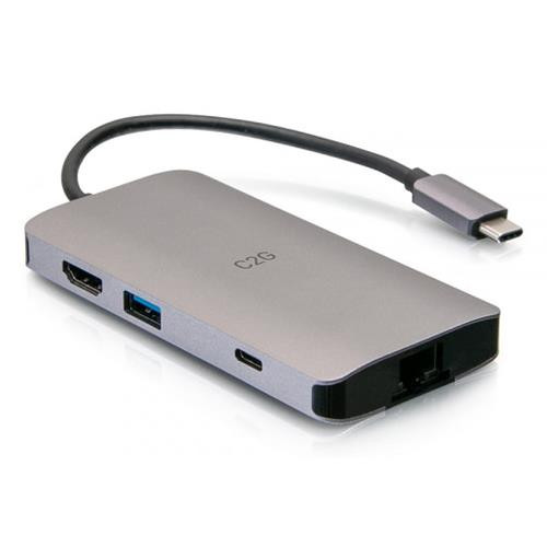 C2G Mini station d’accueil USB-C 8 en 1 avec HDMI, 2 USB-A, Ethernet, lecteur de carte SD et USB-C, alimentation électrique jusqu’à 100 W - 4K 30 Hz - 54458