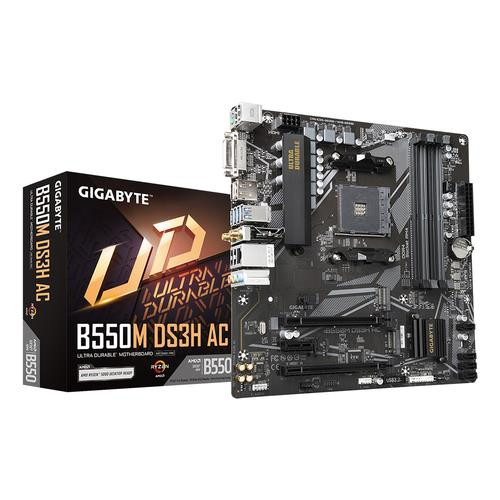 GIGABYTE  Carte mère - Processeurs AMD Ryzen 5000, VRM 5+3 phases, jusqu'à 4733 MHz DDR4, 1xPCIe 4.0 + 1xPCIe 3.0 M.2, Wi-Fi 5, LAN 1GbE, USB 3.2 Gen 1 - B550M DS3H AC
