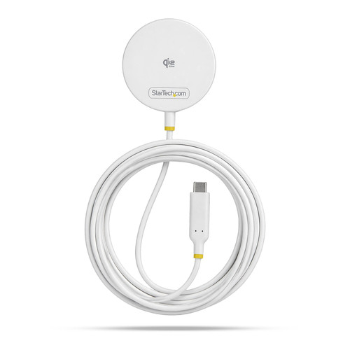 StarTech.com Pad de Charge Sans Fil Magnétique Qi2.2 25W Certifié avec Câble USB-C Intégré 6,6pi (2m), Compatible MagSafe pour iPhone 17/16 Pro/Pro Max, Blanc - 1PW-WIRELESS-CHARGER