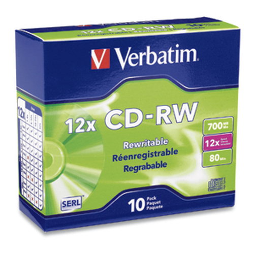 Verbatim CD-RW 80MIN 700MB 4X-12X High Speed Branded 10pk Slim Case 700 Mo 10 pièce(s)