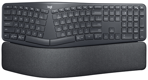 920-009166 Logitech ERGO K860. Keyboard form factor: Full-size (100%). Keyboard style: Curved. Device interface: RF Wireless + Bluetooth, Keyboard key switch: Semi-mechanical key switch. Wrist rest. Recommended usage: Office. Product colour: Graphite