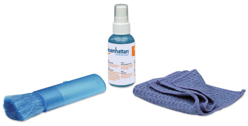 Manhattan LCD Cleaning Kit (mini), Alcohol-free, Includes Cleaning Solution (60ml), Brush and Microfibre Cloth, Ideal for use on monitors/laptops/keyboards/etc, Three Year Warranty, Blister