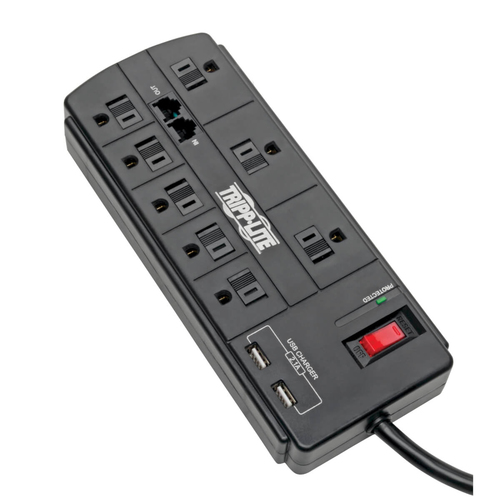 Tripp Lite 8-Outlet Surge Protector with 2 USB Ports (2.1A Shared) - 8 ft. Cord, 1200 Joules, Tel/Modem, Black