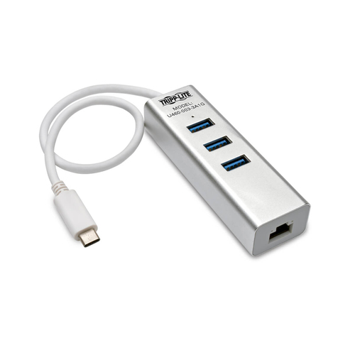 Tripp Lite U460-003-3A1G 3-Port USB-C Hub with LAN Port, USB-C to 3x USB-A Ports and Gbe, USB 3.0, White