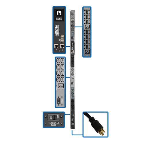 Tripp Lite 10kW 3-Phase Monitored PDU, LX Interface, 200/208/240V Outlets (42 C13/6 C19), LCD, NEMA L15-30P, 1.8m/6 ft. Cord, 0U 1.8m/70 in. Height, TAA