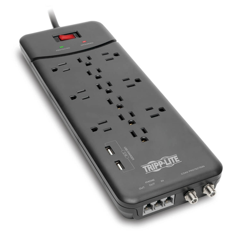 Tripp Lite Protect It! 12-Outlet Surge Protector - 8 ft. Cord, 4320 Joules, Tel/Modem/Coax Protection, 2 USB Ports, Black