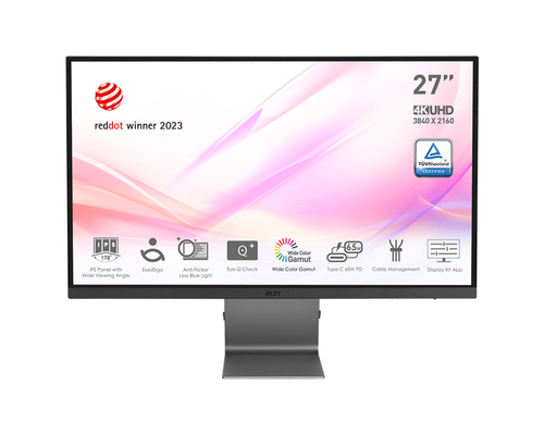 MSI Modern MD271UL 27 Inch Monitor, UHD (3840 x 2160), 60Hz, IPS, 4ms, Adaptive-Sync, 2x HDMI, DisplayPort, USB Type-C, Anti-Glare, Anti-Flicker, Less Blue light, TÜV Certified, Kensington, Grey