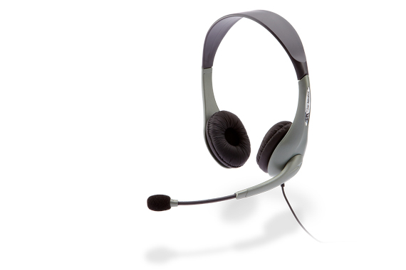 Silver USB stereo headset/microphone, direct noise canceling technology, leatherette ear pads