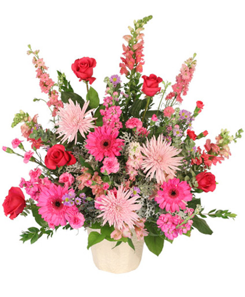 Beautiful Soul
Funeral Flowers
6-J maché container
wet floral foam
foliage: myrtle, salal, eucalyptus ('Baby Blue'), dusty miller
pink snapdragons
 stems hot pink larkspur
pink spider mums
hot pink gerberas
red roses
stems lavender aster ('Monte Casino')
stems hot pink mini carnations