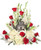 red roses
 white snapdragons
 white gladiolus
 stems white larkspur
 white hydrangea
stems white lilies