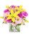 " cube vase
foliage: salal tips, leather leaf
stems yellow lilies
lavender carnations ('Moonshade')
stems lavender daisy poms stems lavender & yellow alstroemeria