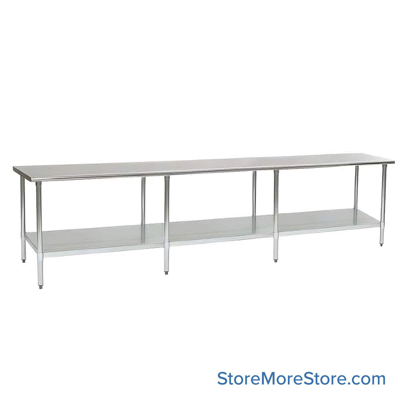 Stainless Steel Top Table, 48" W x 144" D, 14-Gauge 304, 180-Degree Rolled Front, 180-Degree Rolled Back, Galvanized Steel Shelf