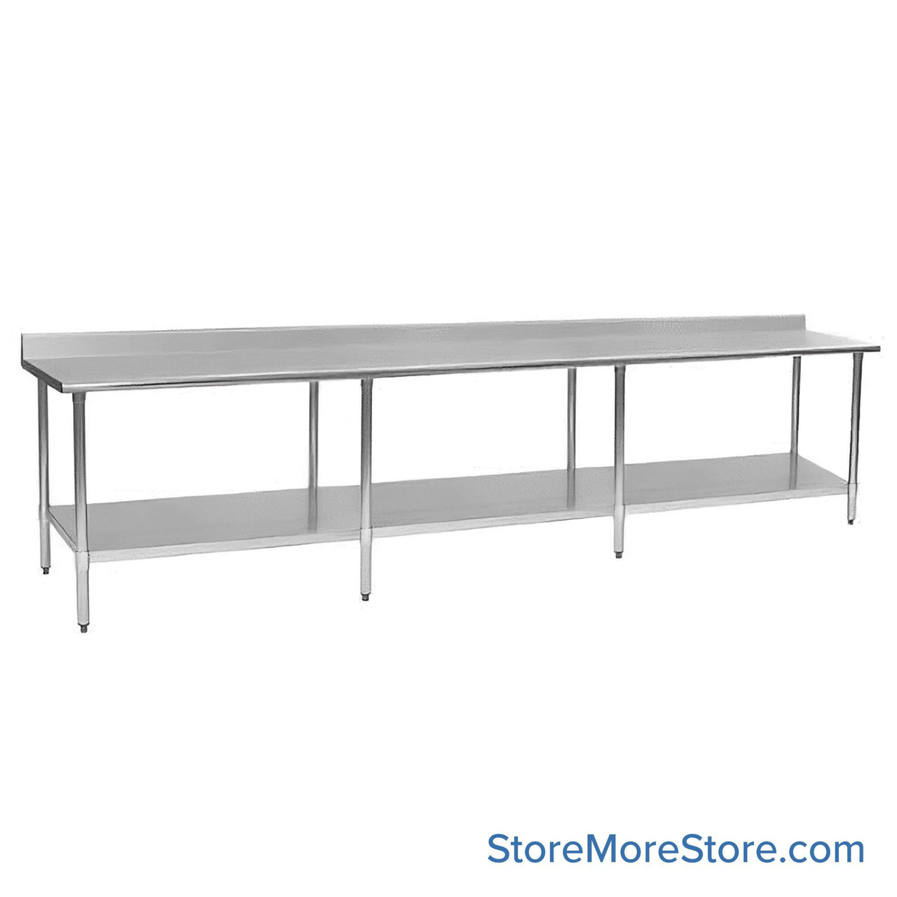 Stainless Steel Top Table, 30" W x 144" D, 14-Gauge 304, 180-Degree Rolled Front, 4.5" Backsplash Back, Galvanized Steel Shelf