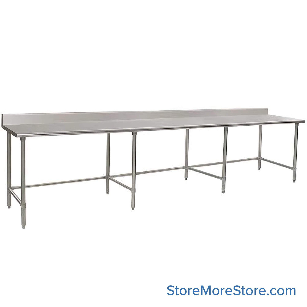 Stainless Steel Top Table, 24" W x 144" D, 14-Gauge 304, 180-Degree Rolled Front, 4.5" Backsplash Back