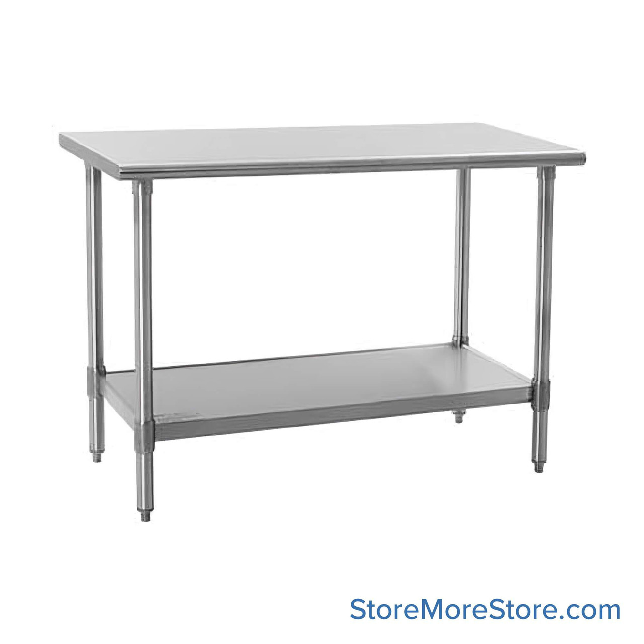 Stainless Steel Top Table, 36" W x 60" D, 18-Gauge 430, 180-Degree Rolled Front, 180-Degree Rolled Back, Galvanized Steel Shelf