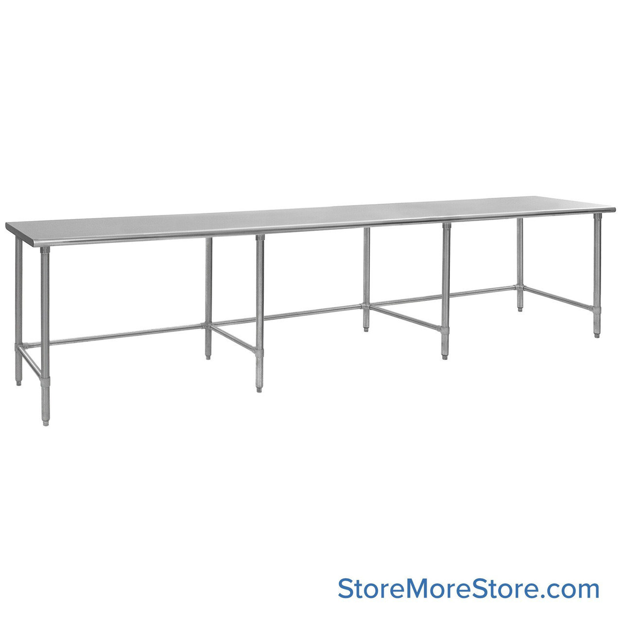 Stainless Steel Top Table, 30" W x 144" D, 18-Gauge 430, 180-Degree Rolled Front, 180-Degree Rolled Back