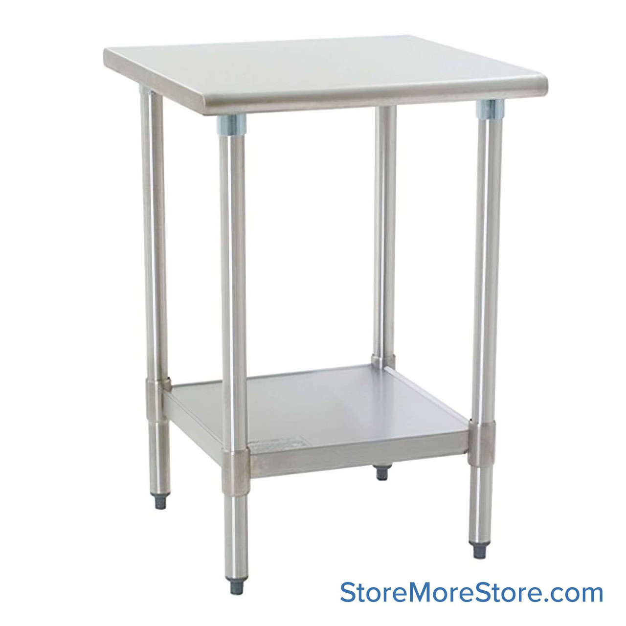 Stainless Steel Top Table, 24" W x 24" D, 18-Gauge 430, 180-Degree Rolled Front, 180-Degree Rolled Back, Galvanized Steel Shelf