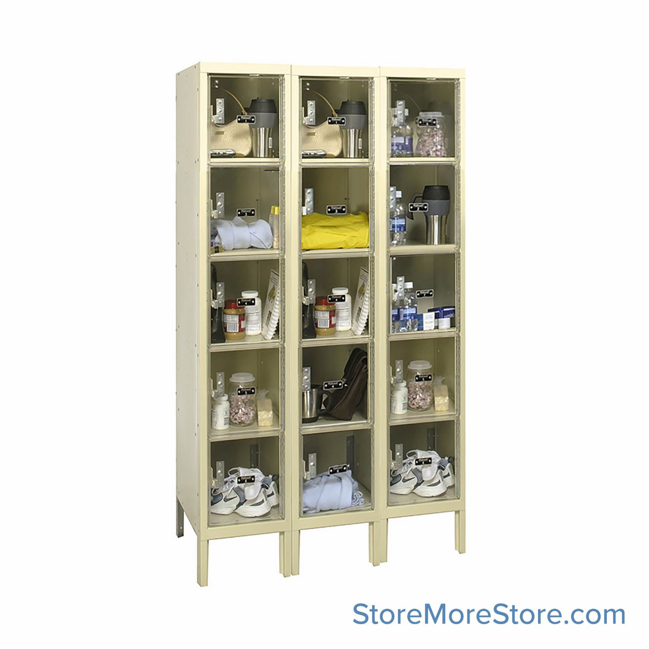 Transparent Locker, 36" W x 15" D x 66" H, 3 Columns, 5 Tiers, Padlock Hasp, Assembled