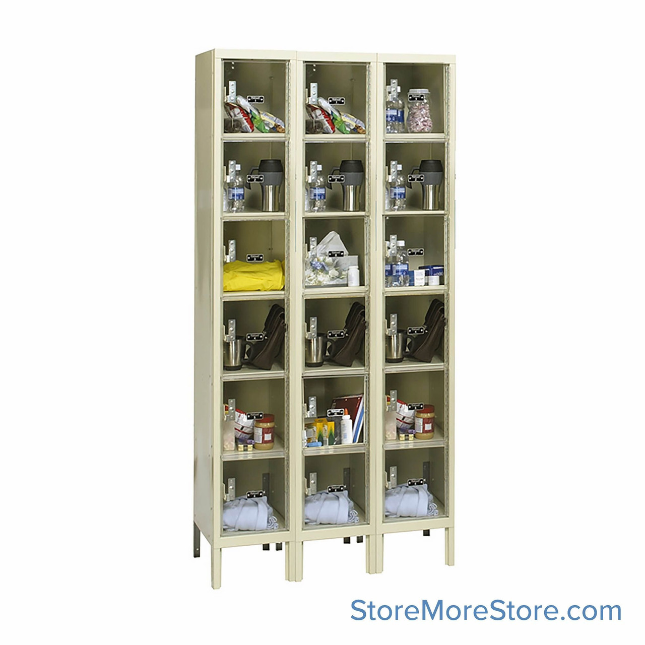 Transparent Locker, 36" W x 18" D x 78" H, 3 Columns, 6 Tiers, Padlock Hasp, Assembled