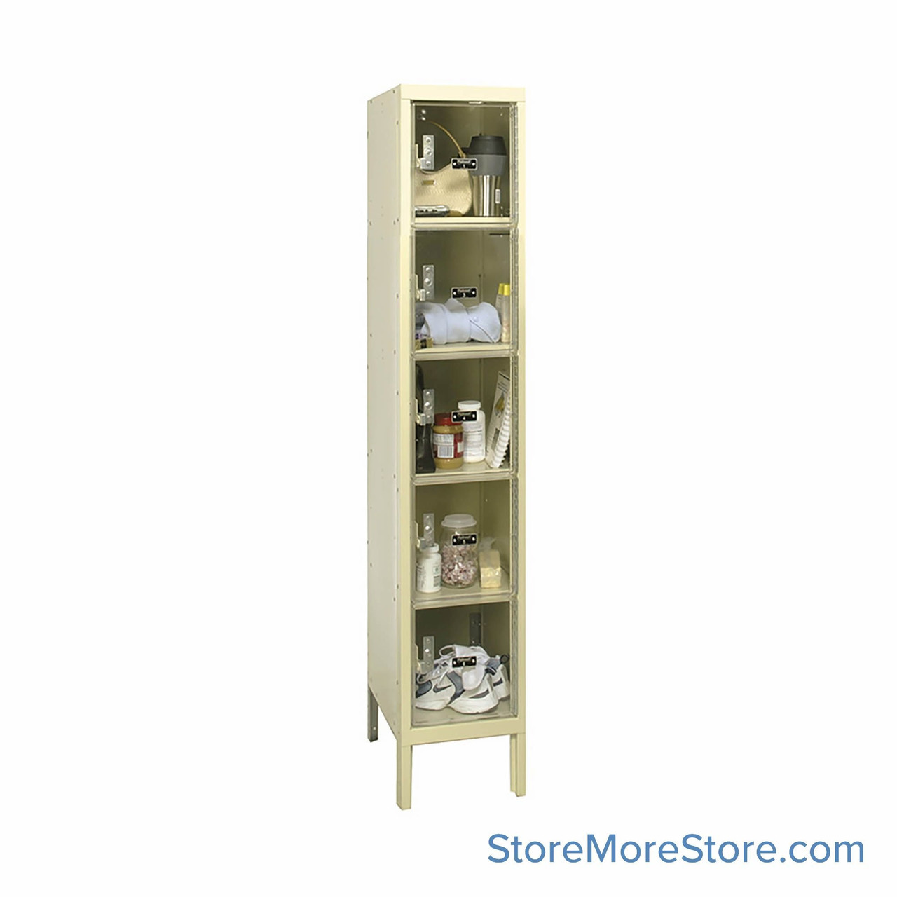 Transparent Locker, 12" W x 12" D x 66" H, 1 Column, 5 Tiers, Padlock Hasp, Unassembled