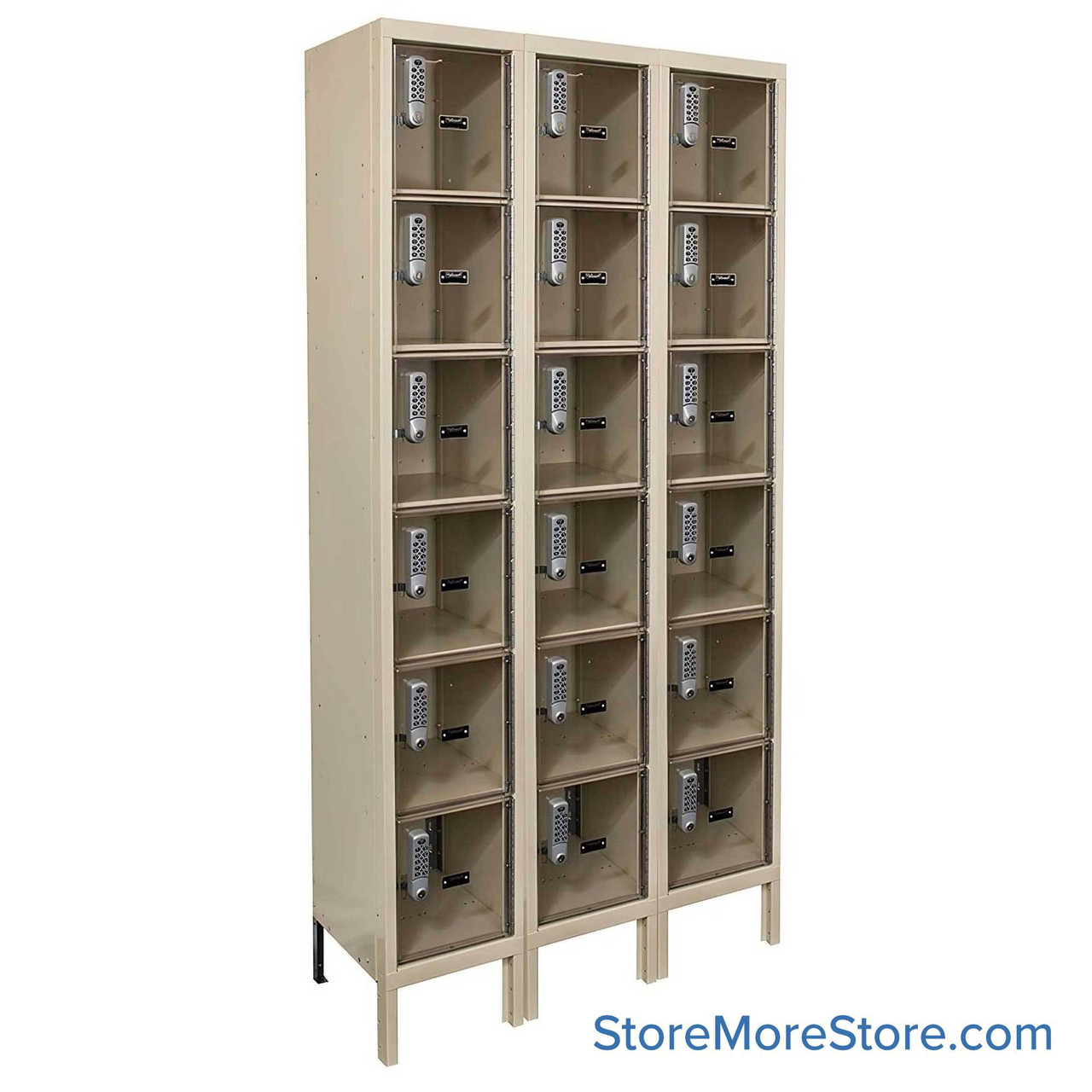 Clear Door Lockers, 36" W x 15" D x 78" H, 3 Columns, 6 Tiers, Assembled
