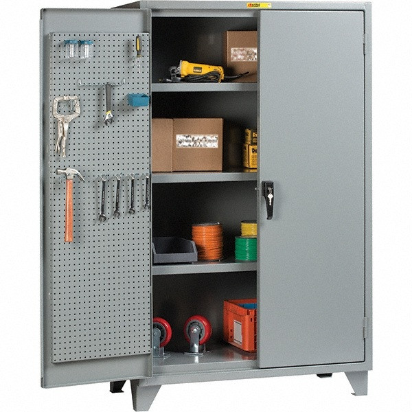 Heavy Duty Storage Cabinets, 60" W x 24" D, Three Adjustable Shelves, Solid Steel w/ Pegboard Panels Door