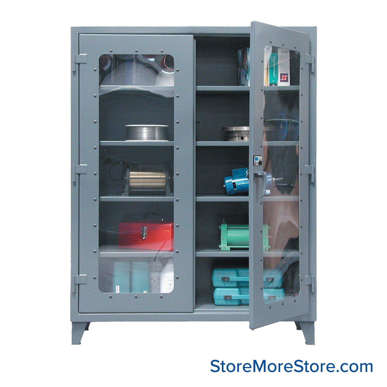 Industrial Metal Cabinet with Glass Doors, 48" W x 24" D x 78" H, Scratch Resistant Clearview Double Doors, 4 Shelves, Advanced Digital Lock