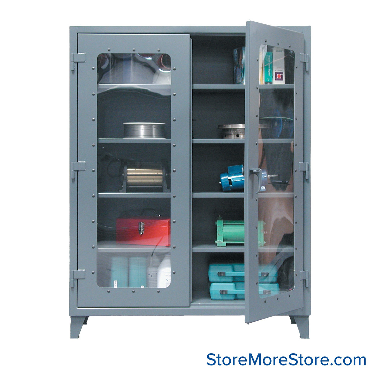 Industrial Metal Cabinet with Glass Doors, 36" W x 24" D x 78" H, Clearview Double Doors, 4 Shelves, Padlock HASP