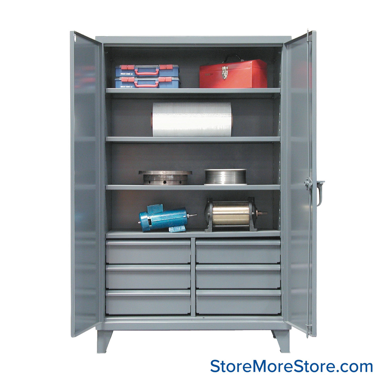 Industrial Metal Cabinet with Glass Doors, 48" W x 24" D x 78" H, Double Metal Doors, 6 Half-Width Drawers, 4 Shelves, Padlock HASP