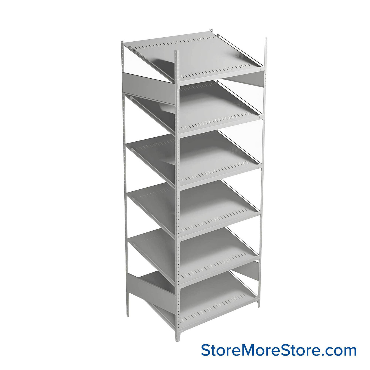 FIFO Shelving, 24" W x 36" D x 75" H, 6 Shelves, 6 (Adjustable) Shelves, Sloped Top/Bottom Shelves, No Kit