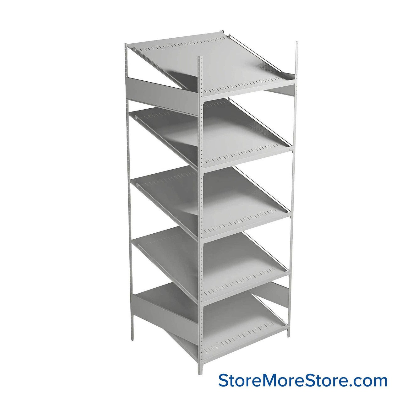 FIFO Shelving, 30" W x 36" D x 87" H, 6 Shelves, 5 (Adjustable) Shelves, Sloped Top/Bottom Shelves, Includes Kit