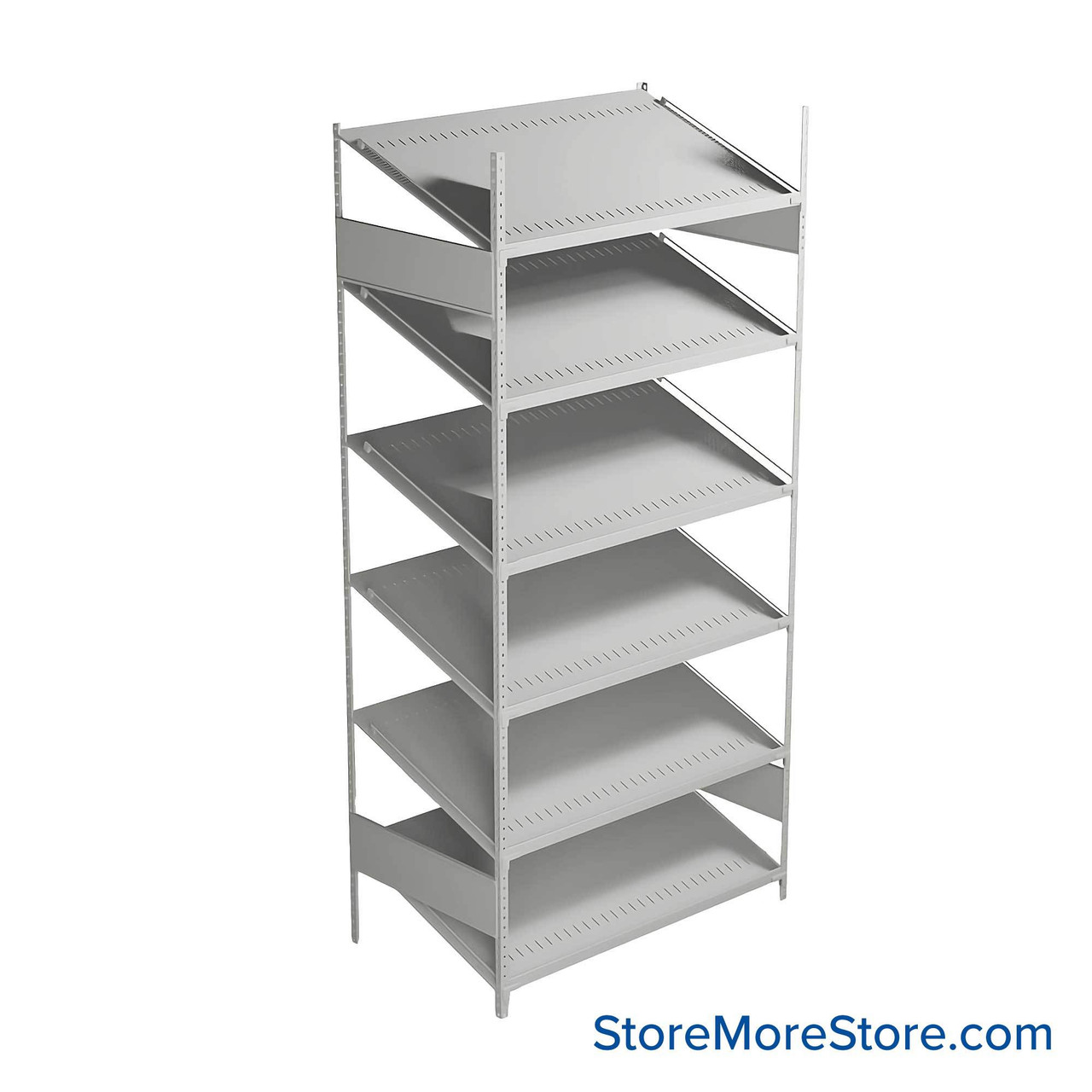 FIFO Shelving, 24" W x 42" D x 75" H, 6 Shelves, 6 (Adjustable) Shelves, Sloped Top/Bottom Shelves, Includes Kit
