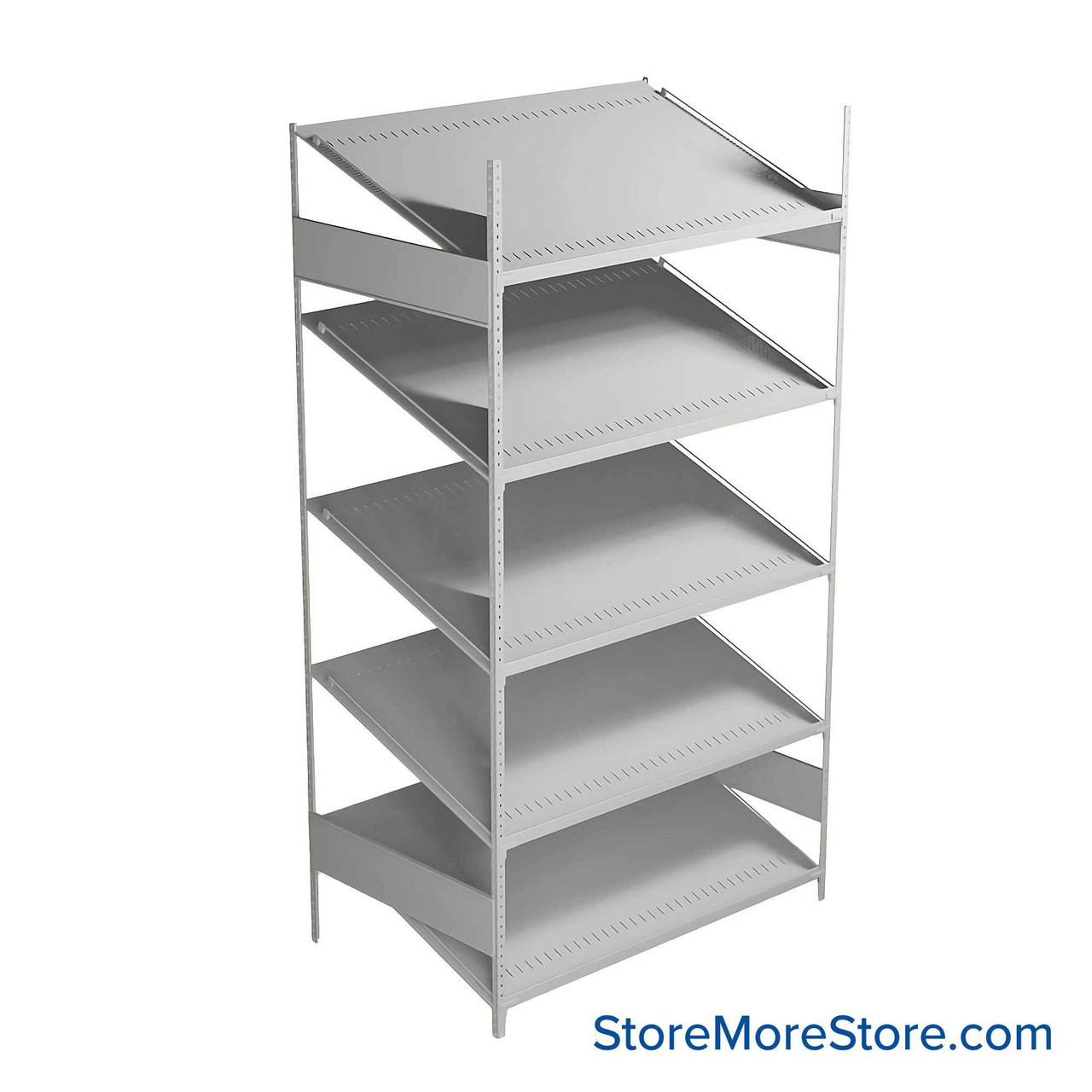 FIFO Shelving, 30" W x 48" D x 87" H, 6 Shelves, 5 (Adjustable) Shelves, Sloped Top/Bottom Shelves, Includes Kit