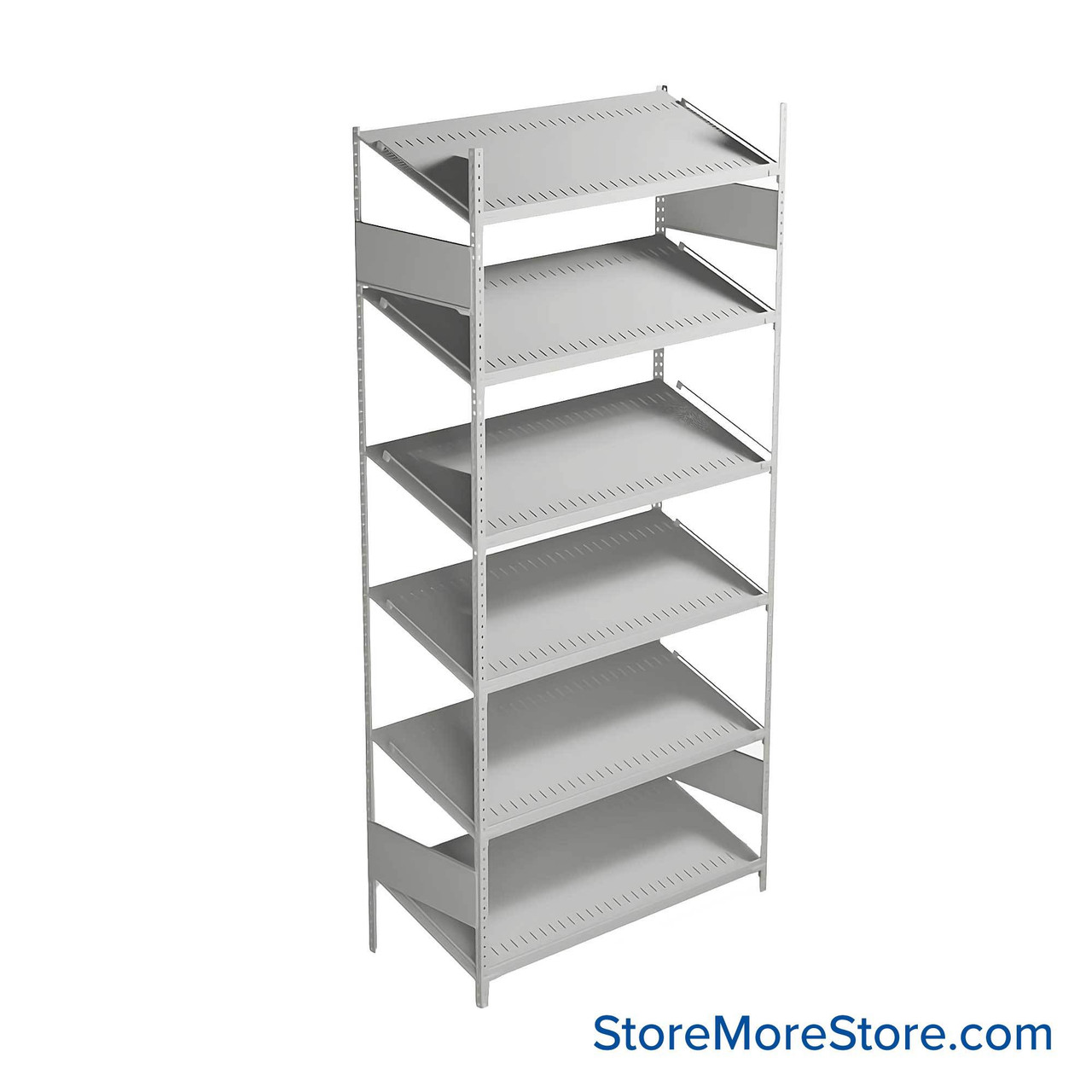FIFO Shelving, 18" W x 42" D x 87" H, 6 Shelves, 6 (Adjustable) Shelves, Sloped Top/Bottom Shelves, No Kit