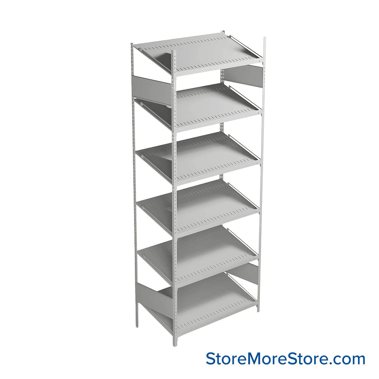 FIFO Shelving, 18" W x 36" D x 75" H, 6 Shelves, 6 (Adjustable) Shelves, Sloped Top/Bottom Shelves, No Kit