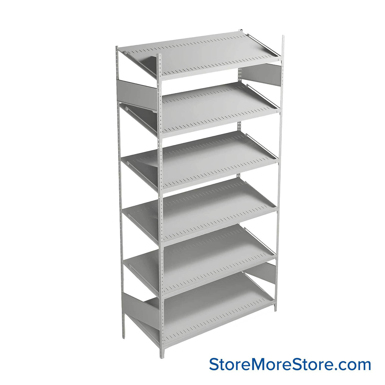 FIFO Shelving, 18" W x 48" D x 75" H, 6 Shelves, 6 (Adjustable) Shelves, Sloped Top/Bottom Shelves, No Kit