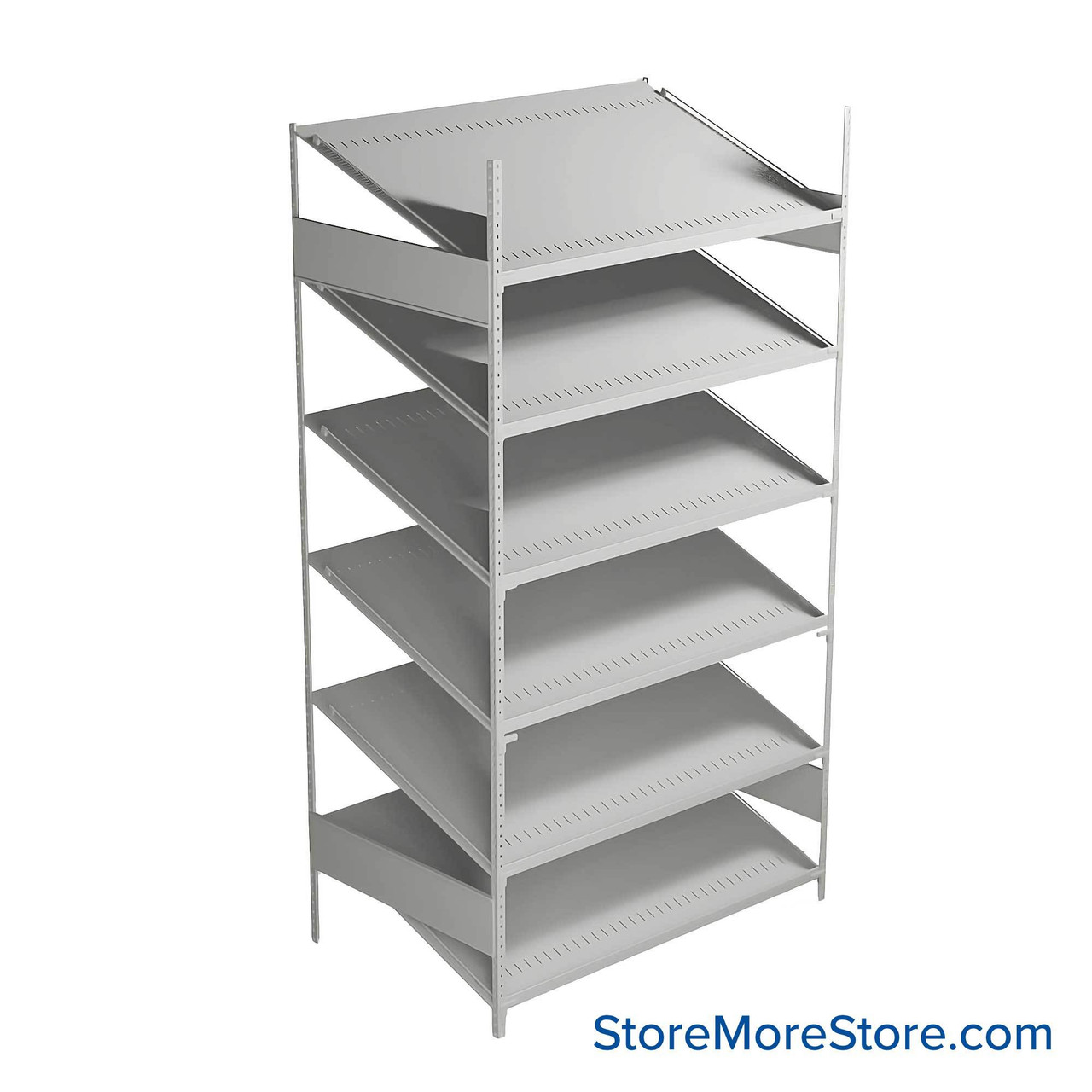 FIFO Shelving, 30" W x 48" D x 75" H, 6 Shelves, 6 (Adjustable) Shelves, Sloped Top/Bottom Shelves, Includes Kit