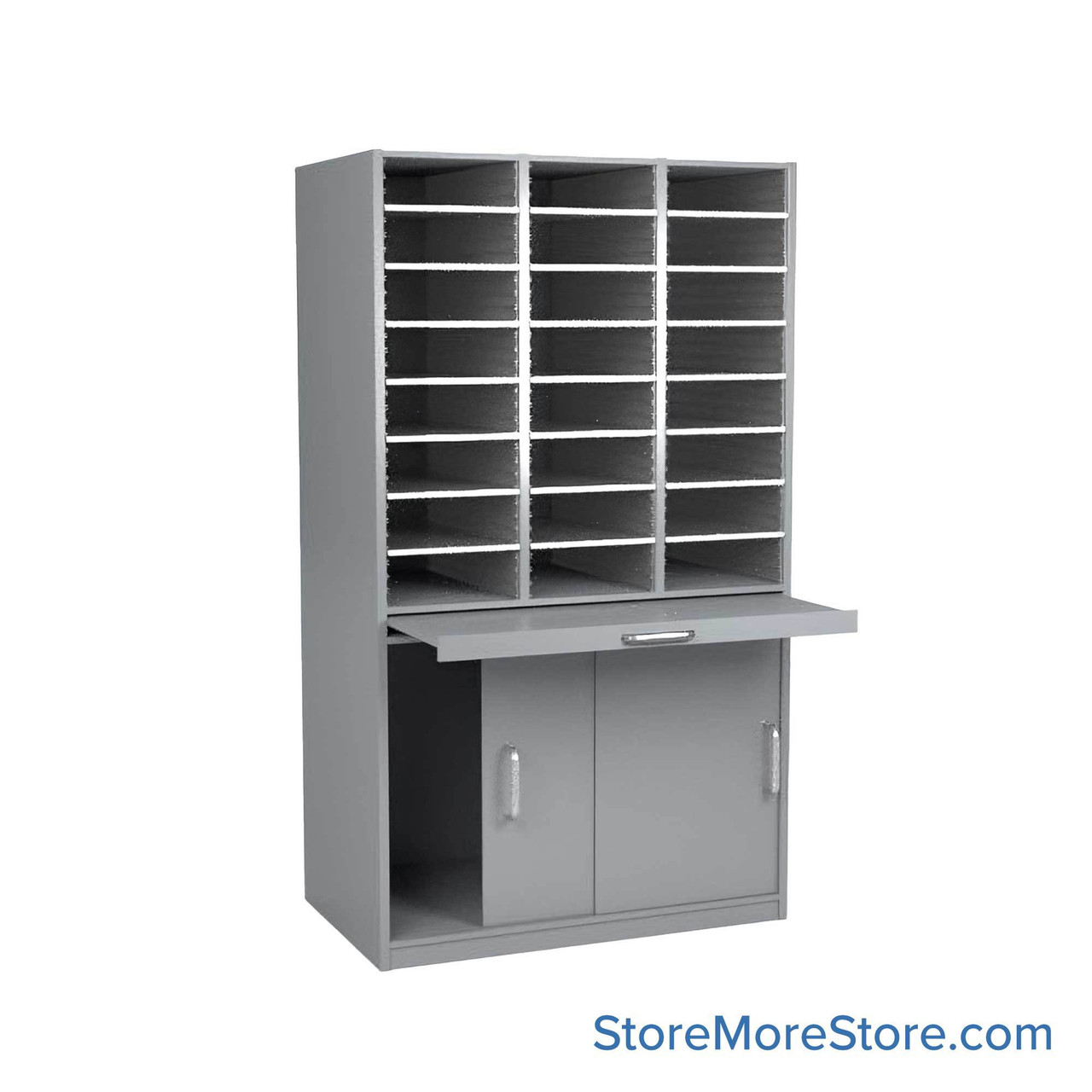 Mail Sorter Cabinet, 42.5" W x 17" D x 66" H, Oversize Slot Size, Sliding Door Enclosed Bottom Storage, 13.75" Pull-Out Shelf