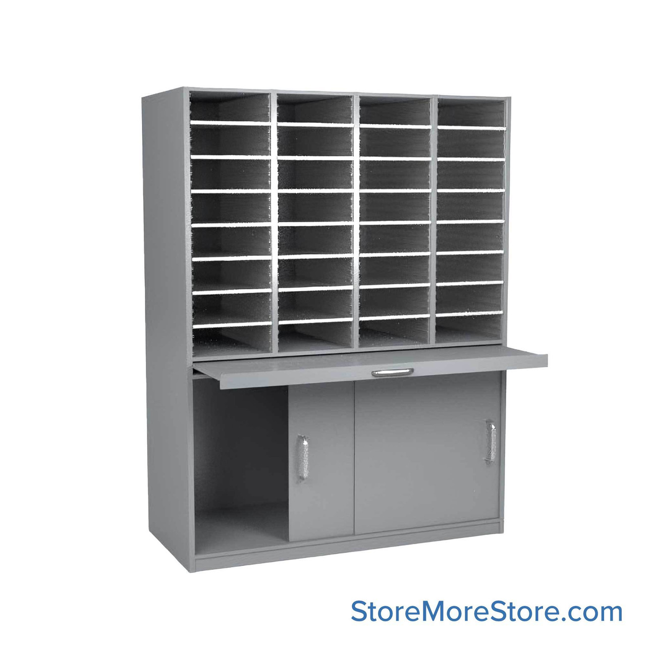 Mail Sorter Cabinet, 56.25" W x 17" D x 76" H, Oversize Slot Size, Sliding Door Enclosed Bottom Storage, 13.75" Pull-Out Shelf