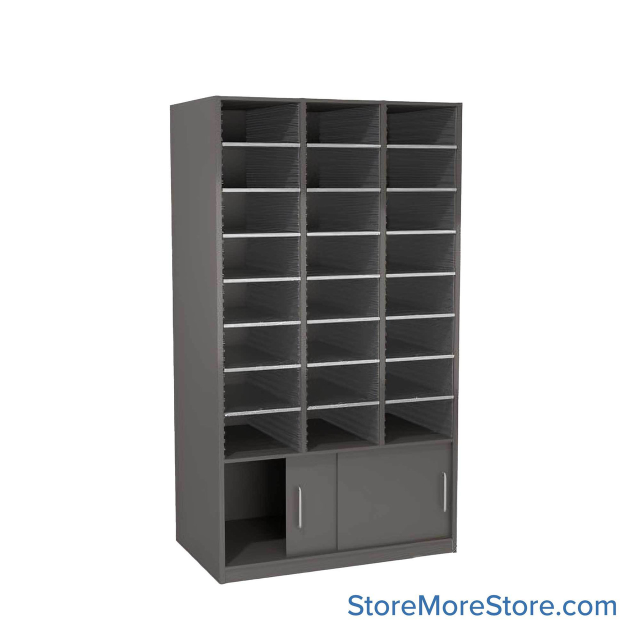 Mail Sorter Cabinet, 36.5" W x 13" D x 60" H, Letter Slot Size, Sliding Door Enclosed Bottom Storage