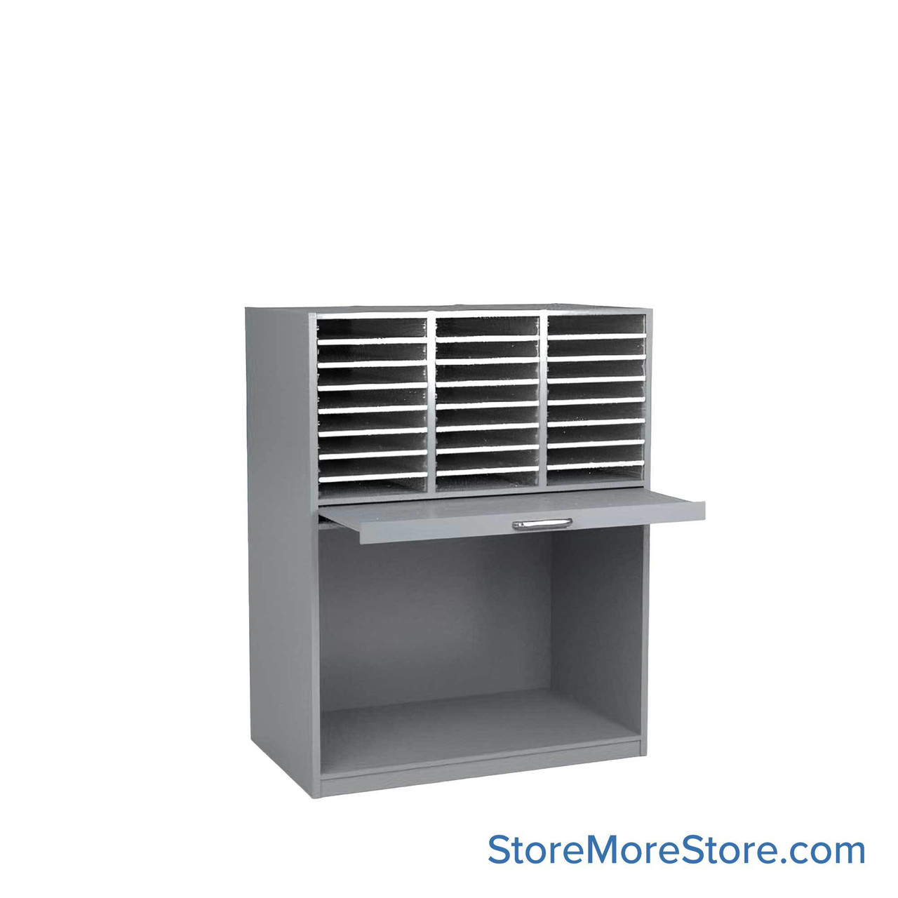 Mail Sorter Cabinet, 36.5" W x 17" D x 48" H, Legal Slot Size, Open Bottom Storage, 13.75" Pull-Out Shelf