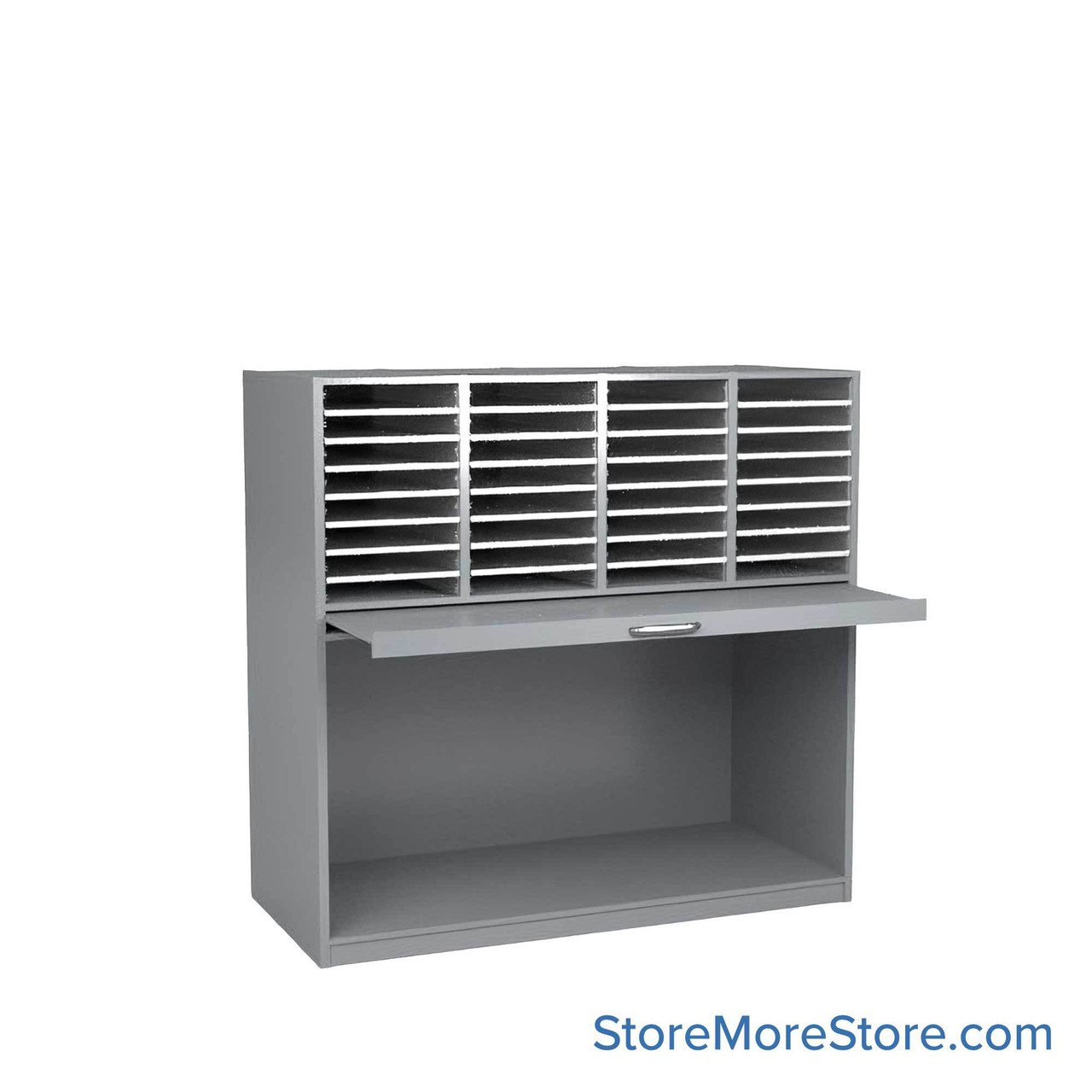 Mail Sorter Cabinet, 48.25" W x 17" D x 48" H, Legal Slot Size, Open Bottom Storage, 13.75" Pull-Out Shelf