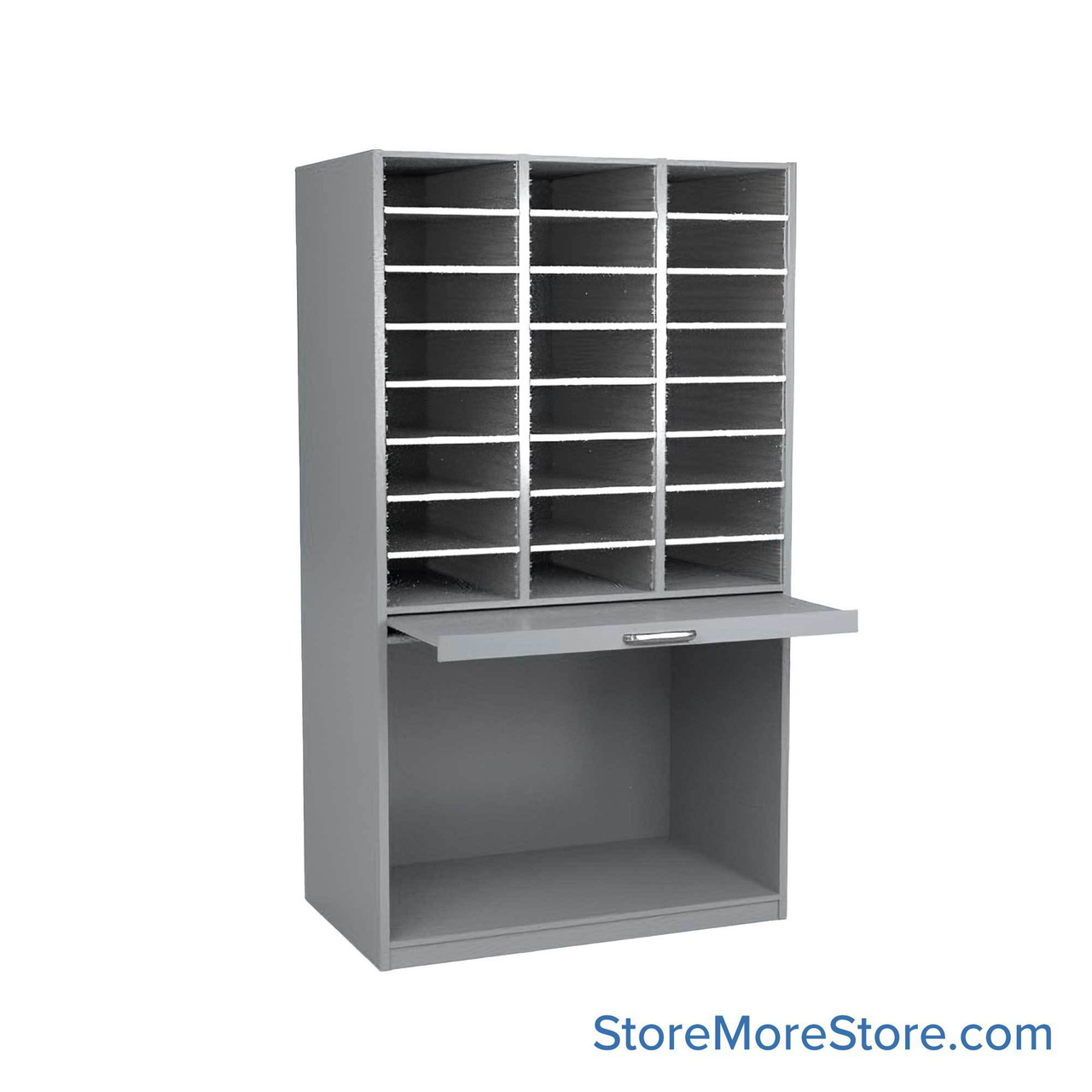 Mail Sorter Cabinet, 36.5" W x 13" D x 66" H, Letter Slot Size, Open Bottom Storage, 9.75" Pull-Out Shelf